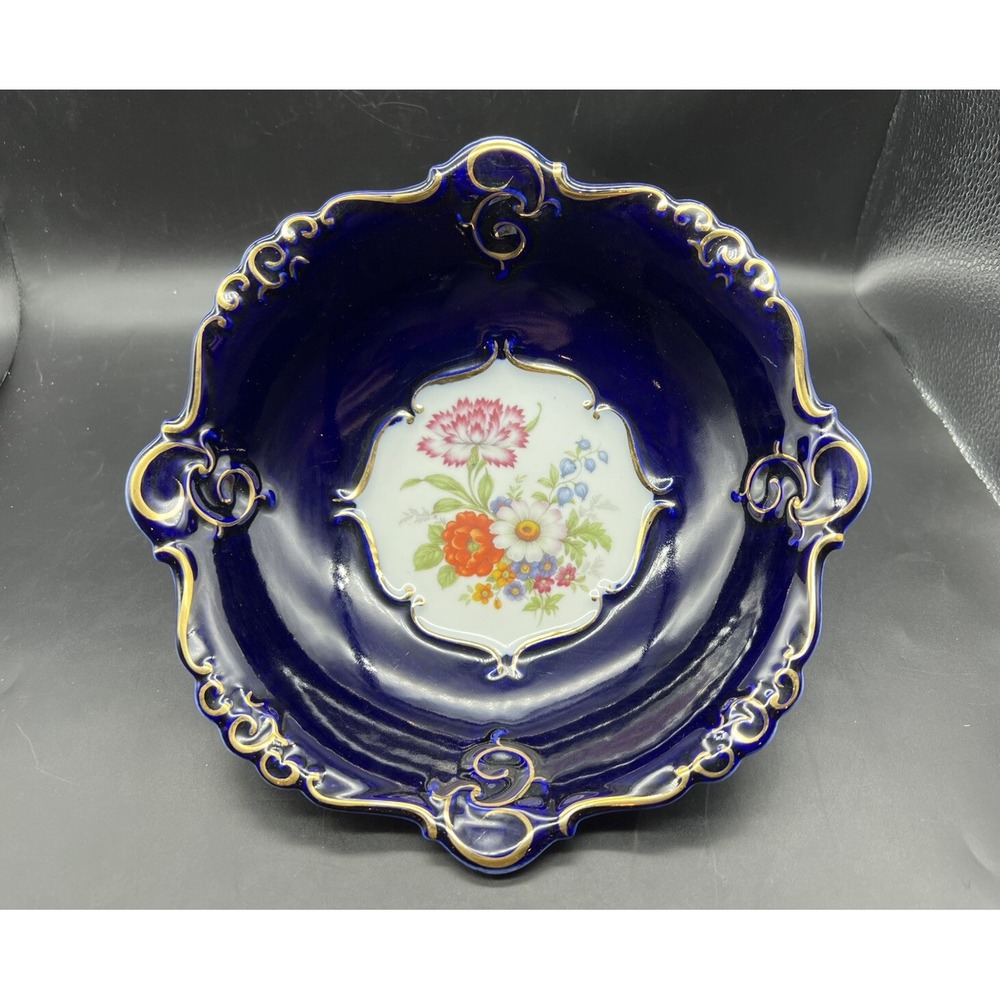 JRIS CLUJ Porcelain COBALT Blue and Floral with Gold Trim Serving Bowl 10"